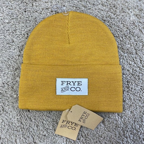 Frye And Co Hat Beanie Unisex Size OS Cuff Logo Patch Yellow‎ Gold Winter Modern - Picture 2 of 6